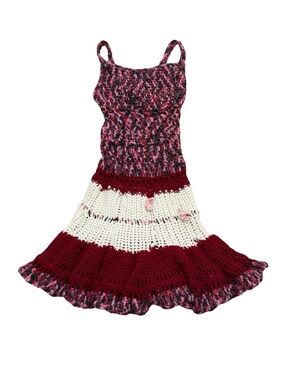 Custom Handmade Crocheted Wool Dress Red White Pink 2020s Mini Dress